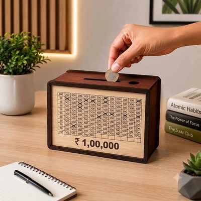 Wooden Money Saving Box for 1 Lakh Savings Challenge | Piggy Bank with Target Tracker Counter for Adults & Kids